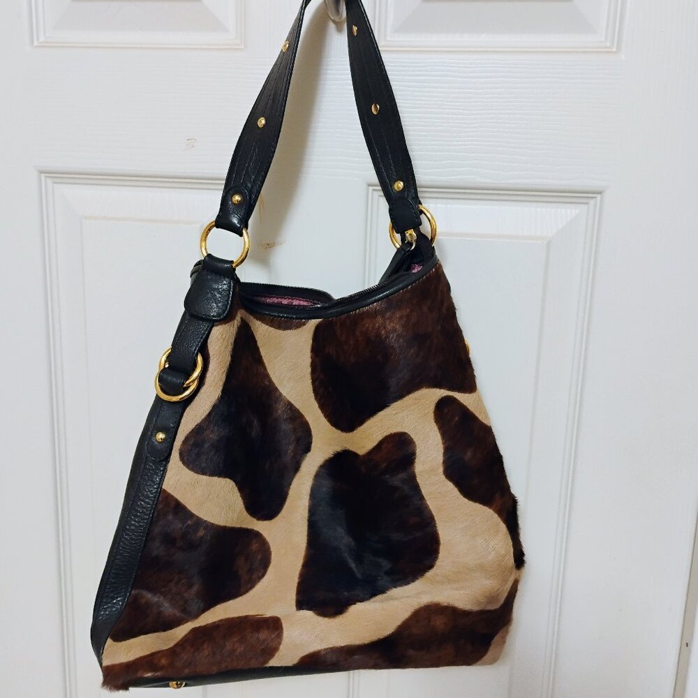 Adrienne Vittadini Brown and Black Cowhide Hobo Shoulder Bag